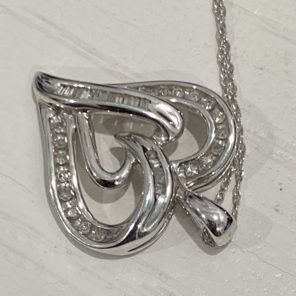 10K White Gold SUN Diamond Double Heart Necklace 18" Chain - Picture 14 of 16